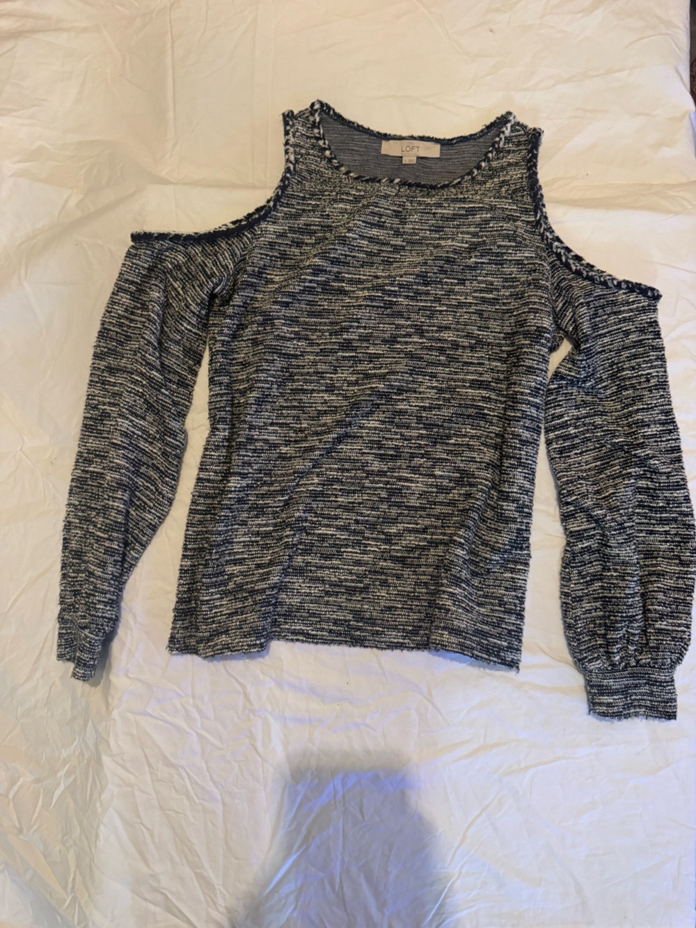 LOFT Navy and White Marled Cold-Shoulder Sweater